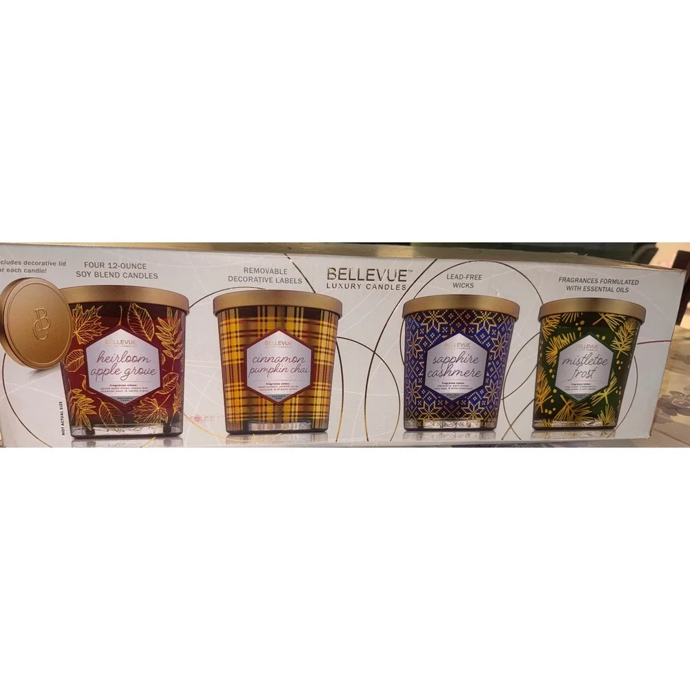 Bellevue Luxury Candles 4 Pack Soy Blend 12oz Heirloom Apple Pumpkin Mistletoe